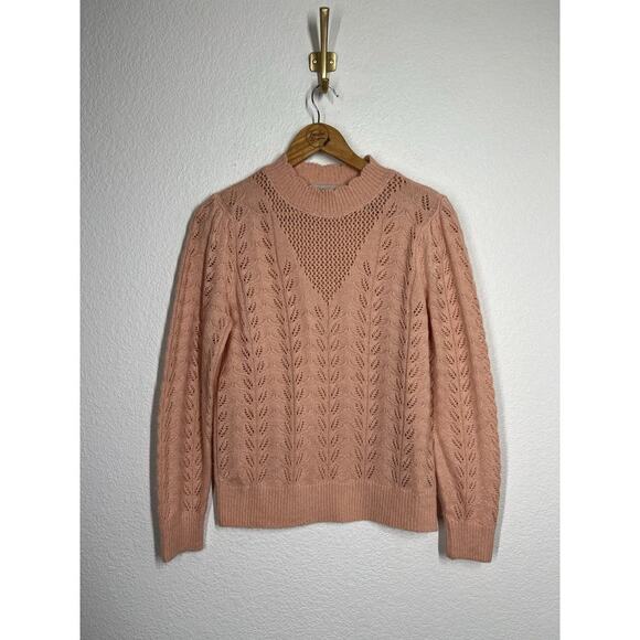 Loft Pointelle Puff Sleeve Sweater Medium Peach Pink - Picture 1 of 5